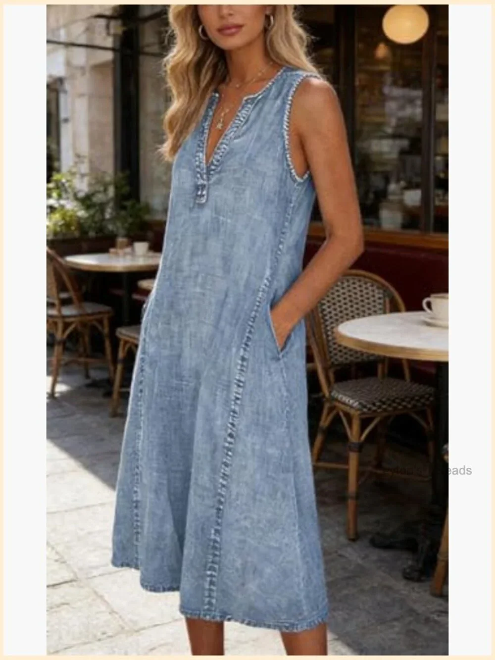 Sleeveless Denim Midi Dress A-Line V-Neck Tank Dress Summer Casual Shift Dress - Picture 2 of 5